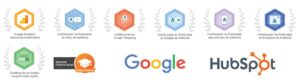 Certificaciones oficiales de nuestra agencia de publicidad en Bogotá: Google Ads Search, Display, Video, Shopping y HubSpot Inbound
