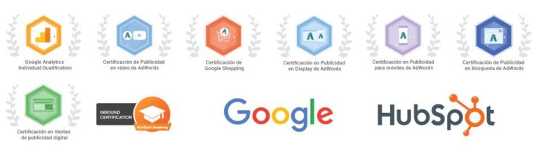 Certificaciones oficiales de nuestra agencia de publicidad en Bogotá: Google Ads Search, Display, Video, Shopping y HubSpot Inbound